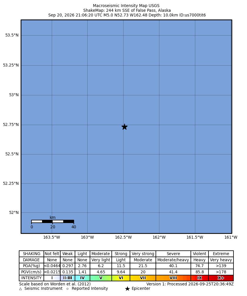 USGS ShakeMap: estimated shaking intensity around the epicenter