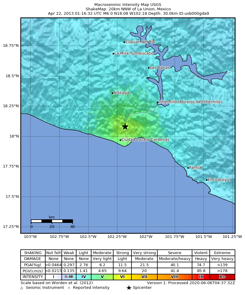 USGS ShakeMap: estimated shaking intensity around the epicenter