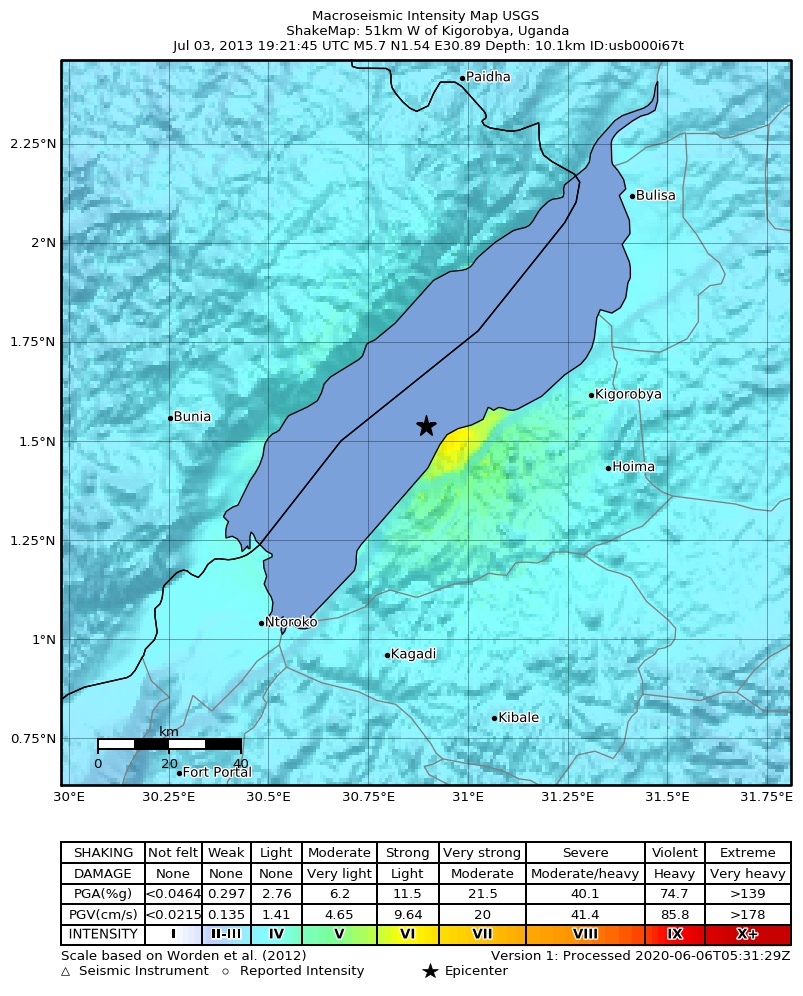 USGS ShakeMap: estimated shaking intensity around the epicenter