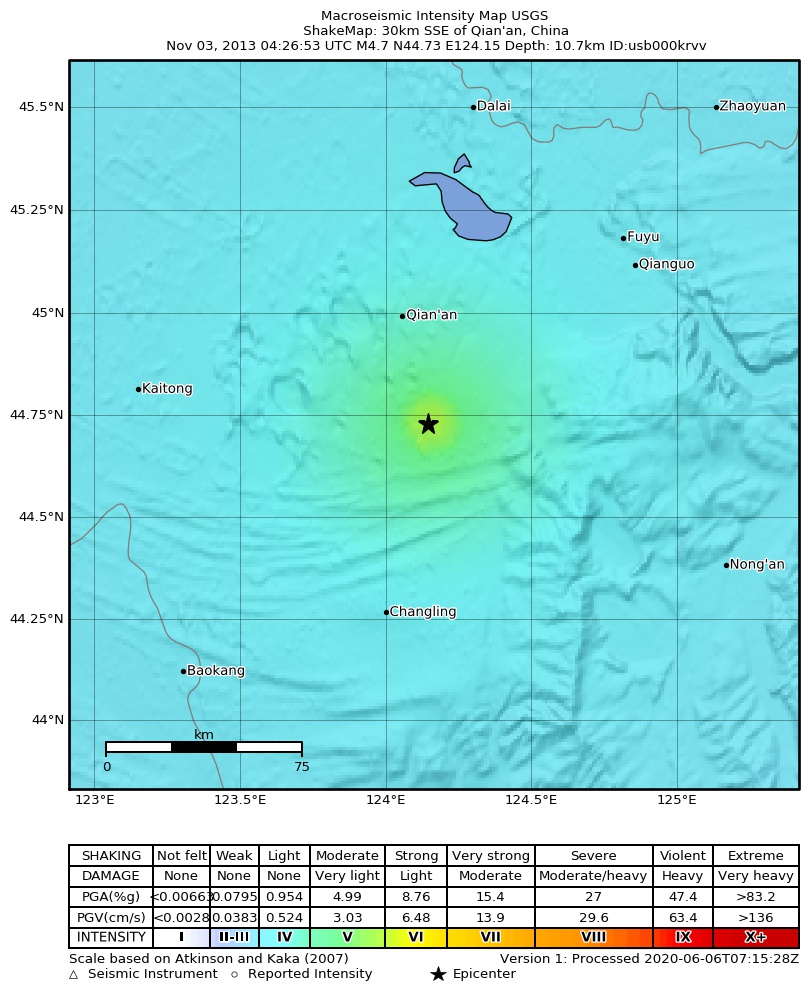 USGS ShakeMap: estimated shaking intensity around the epicenter