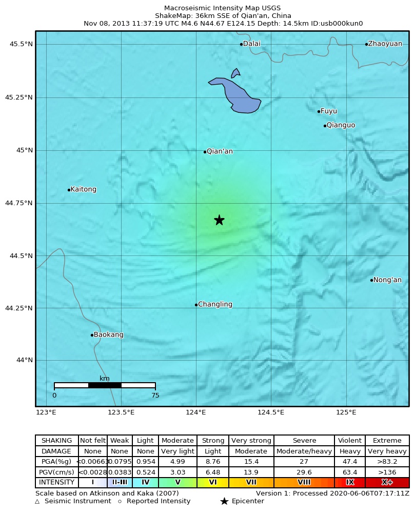 USGS ShakeMap: estimated shaking intensity around the epicenter
