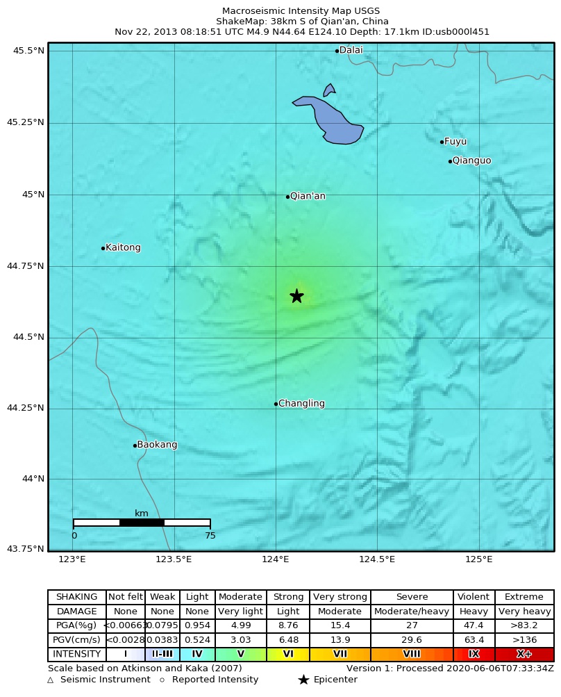USGS ShakeMap: estimated shaking intensity around the epicenter