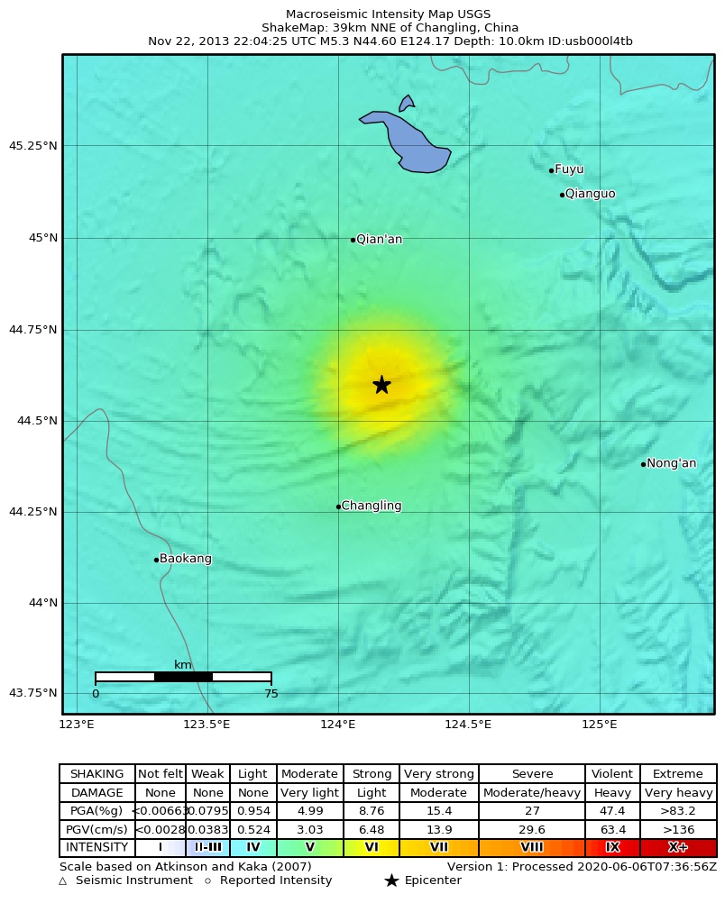 USGS ShakeMap: estimated shaking intensity around the epicenter