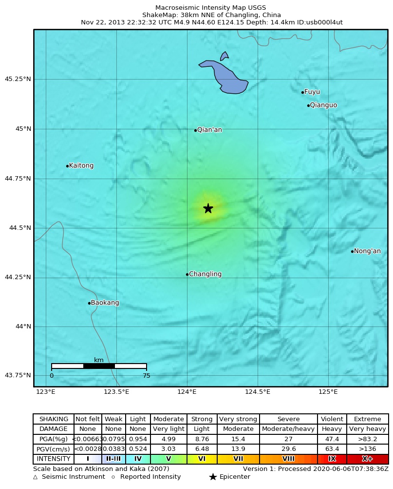 USGS ShakeMap: estimated shaking intensity around the epicenter