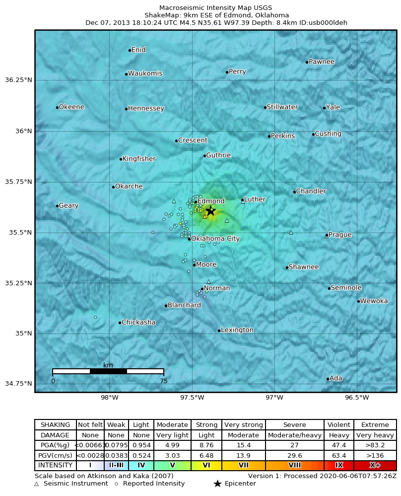 USGS ShakeMap: estimated shaking intensity around the epicenter