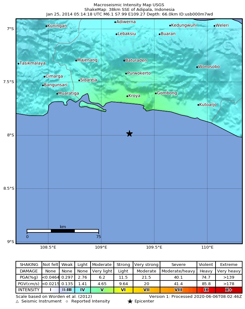 USGS ShakeMap: estimated shaking intensity around the epicenter