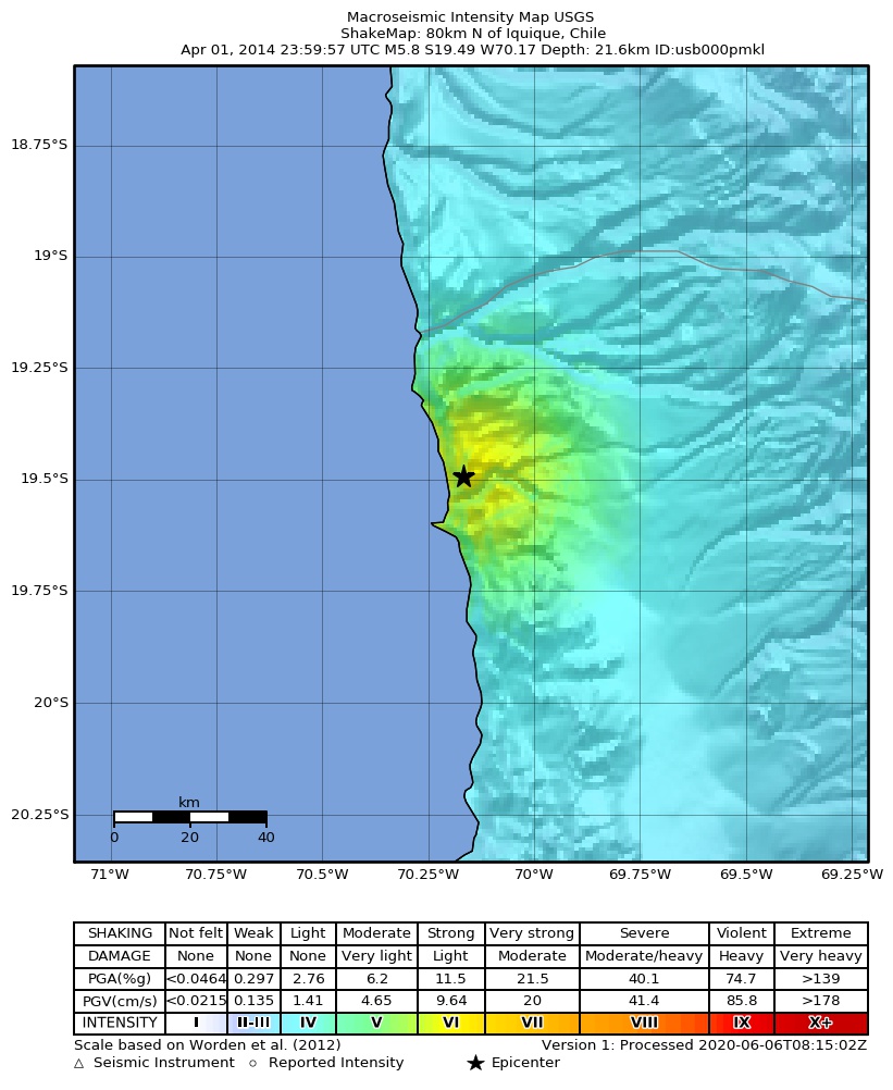 USGS ShakeMap: estimated shaking intensity around the epicenter