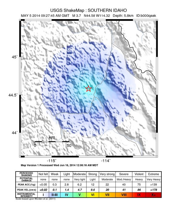USGS ShakeMap: estimated shaking intensity around the epicenter