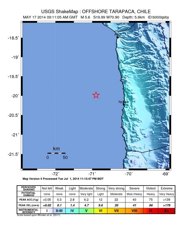USGS ShakeMap: estimated shaking intensity around the epicenter