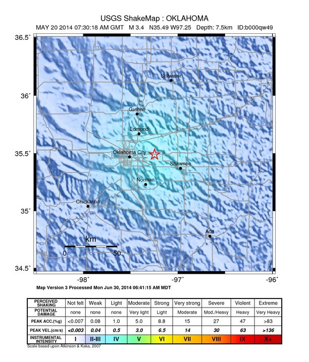 USGS ShakeMap: estimated shaking intensity around the epicenter