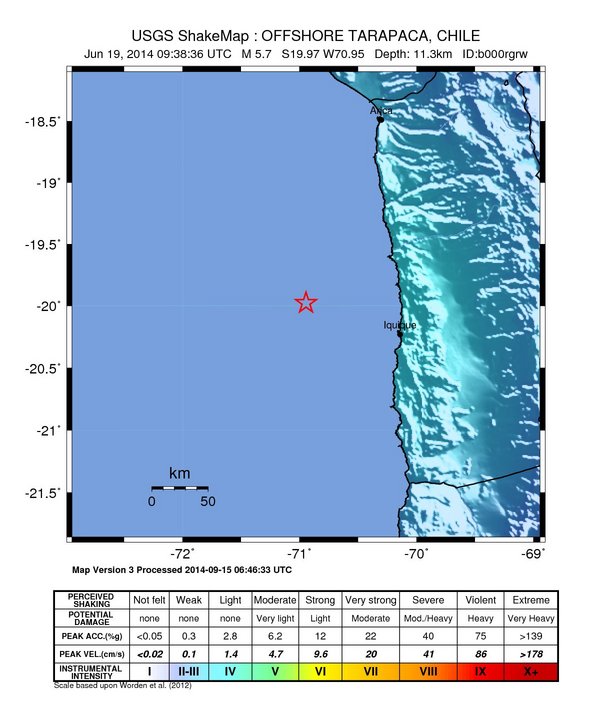 USGS ShakeMap: estimated shaking intensity around the epicenter