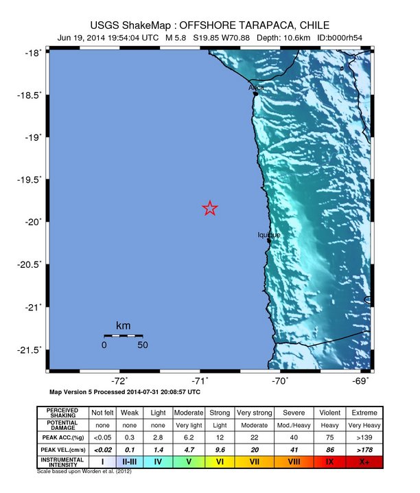 USGS ShakeMap: estimated shaking intensity around the epicenter