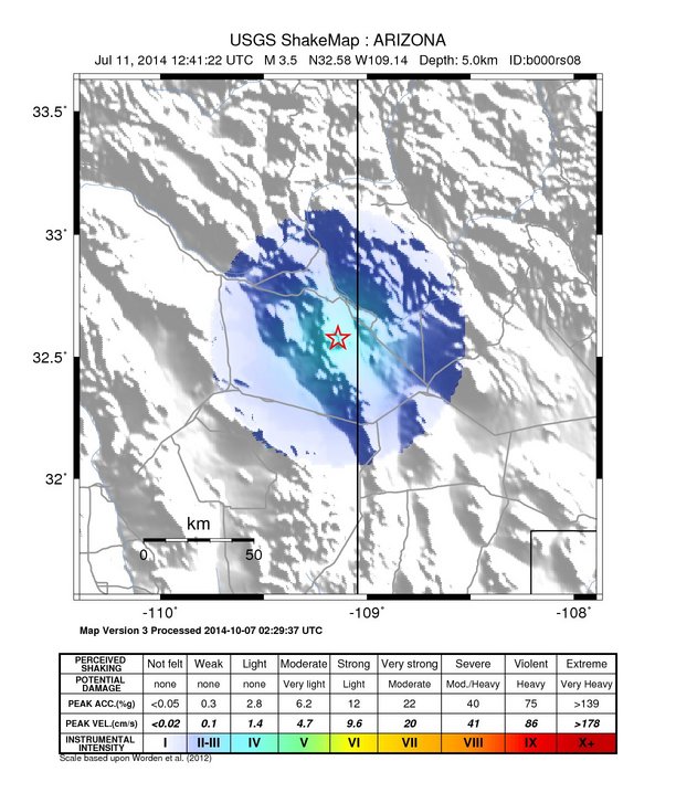 USGS ShakeMap: estimated shaking intensity around the epicenter
