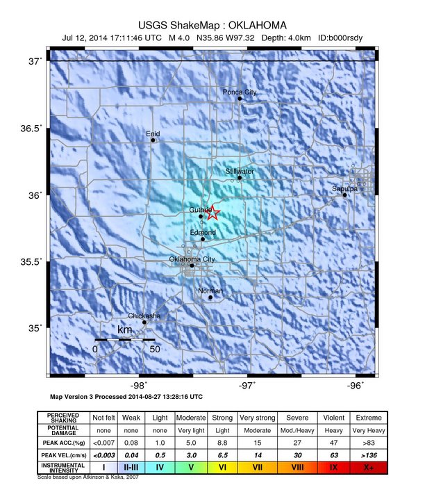 USGS ShakeMap: estimated shaking intensity around the epicenter