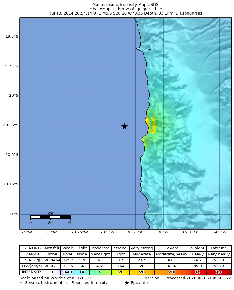 USGS ShakeMap: estimated shaking intensity around the epicenter