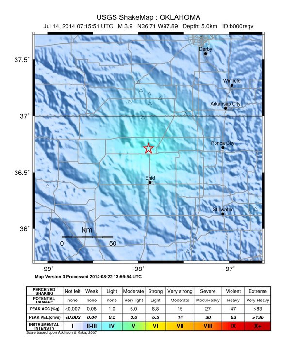 USGS ShakeMap: estimated shaking intensity around the epicenter