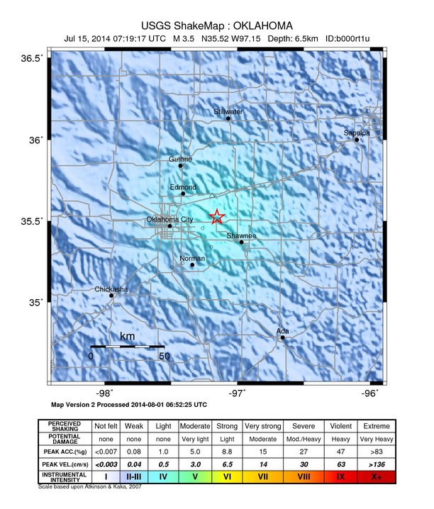 USGS ShakeMap: estimated shaking intensity around the epicenter