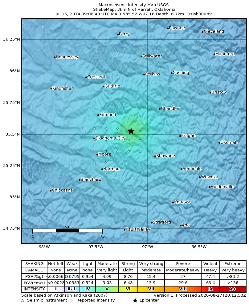 USGS ShakeMap: estimated shaking intensity around the epicenter