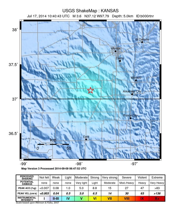 USGS ShakeMap: estimated shaking intensity around the epicenter