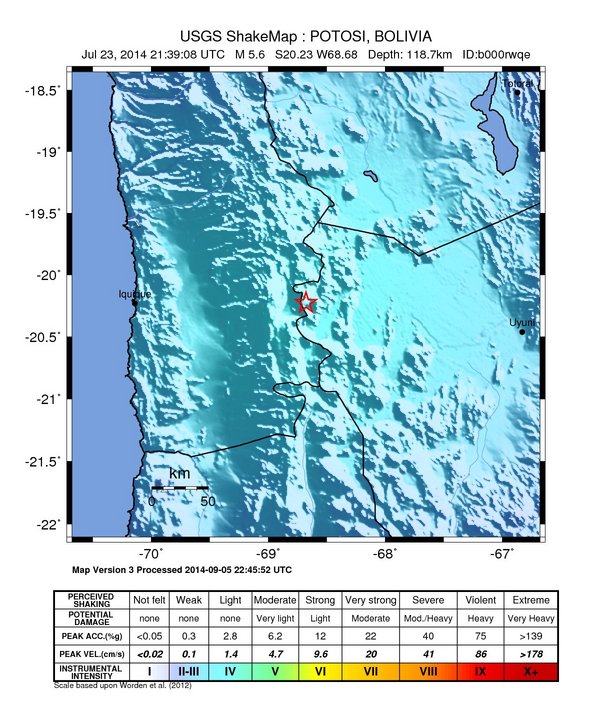 USGS ShakeMap: estimated shaking intensity around the epicenter