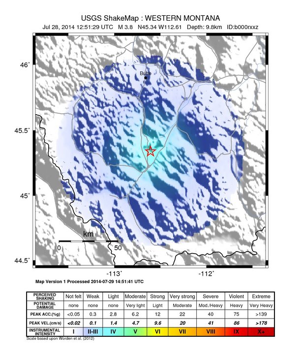 USGS ShakeMap: estimated shaking intensity around the epicenter