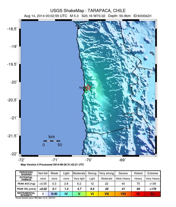 USGS ShakeMap: estimated shaking intensity around the epicenter