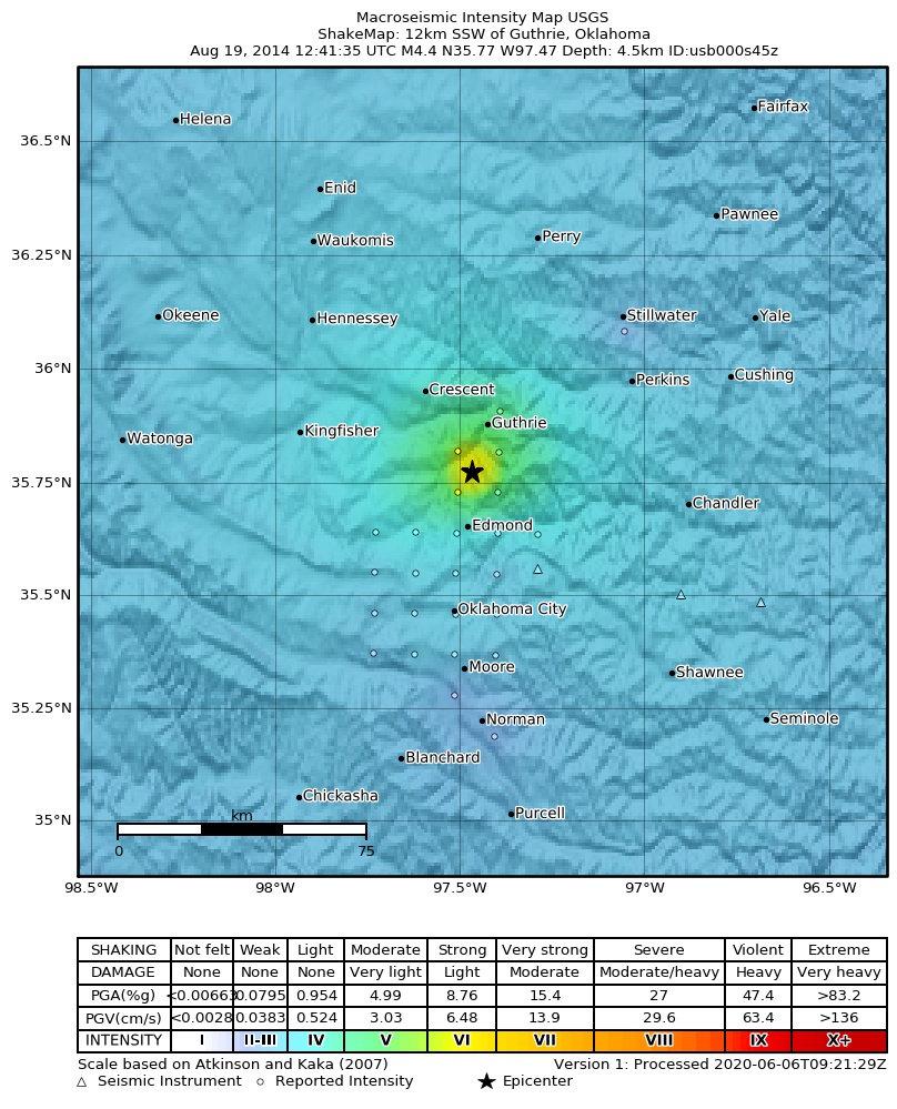 USGS ShakeMap: estimated shaking intensity around the epicenter