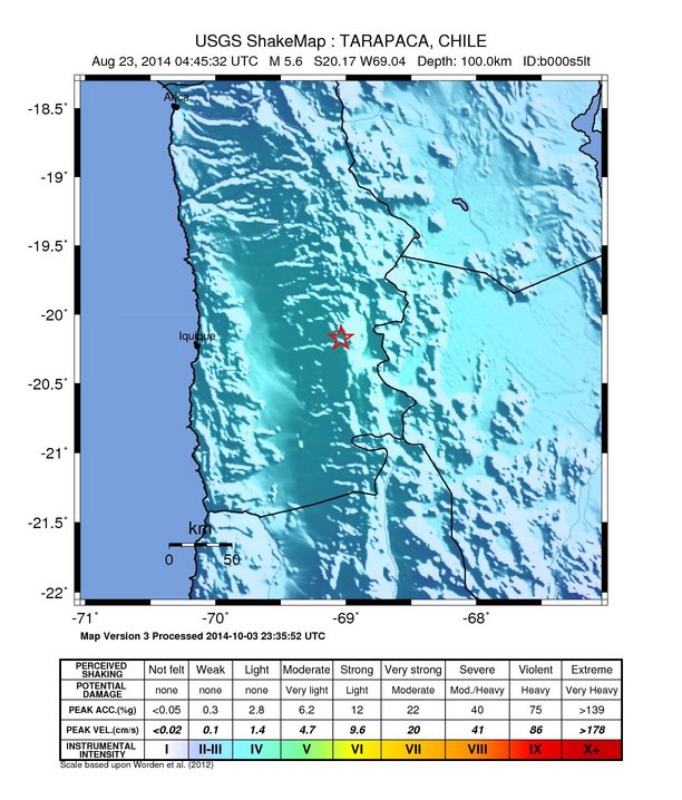 USGS ShakeMap: estimated shaking intensity around the epicenter