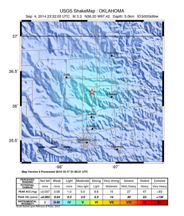 USGS ShakeMap: estimated shaking intensity around the epicenter