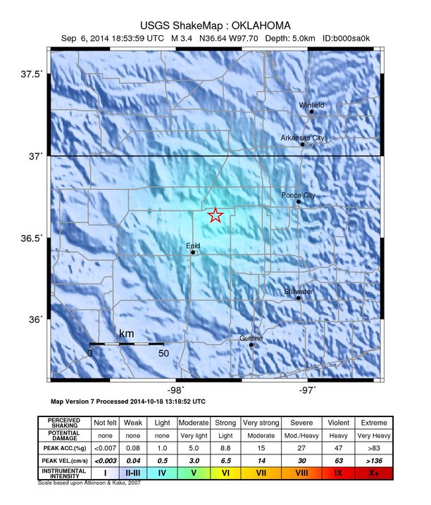USGS ShakeMap: estimated shaking intensity around the epicenter