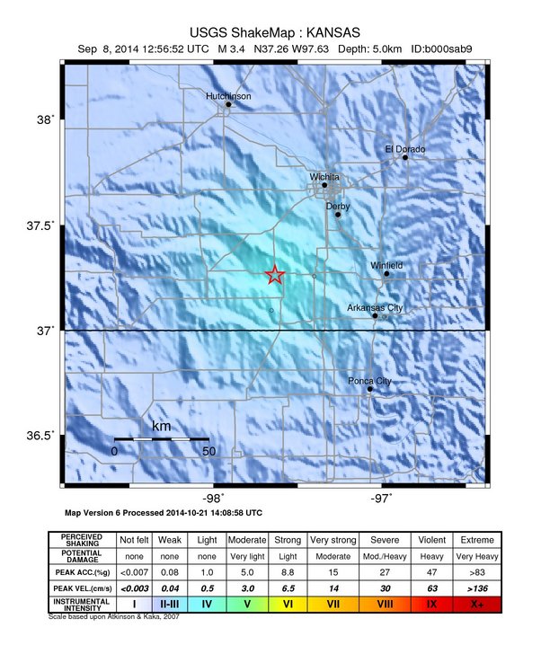 USGS ShakeMap: estimated shaking intensity around the epicenter