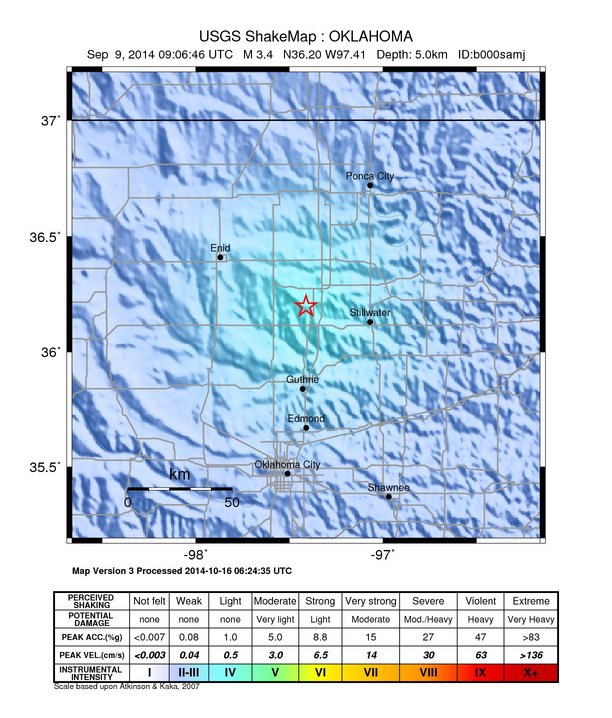 USGS ShakeMap: estimated shaking intensity around the epicenter