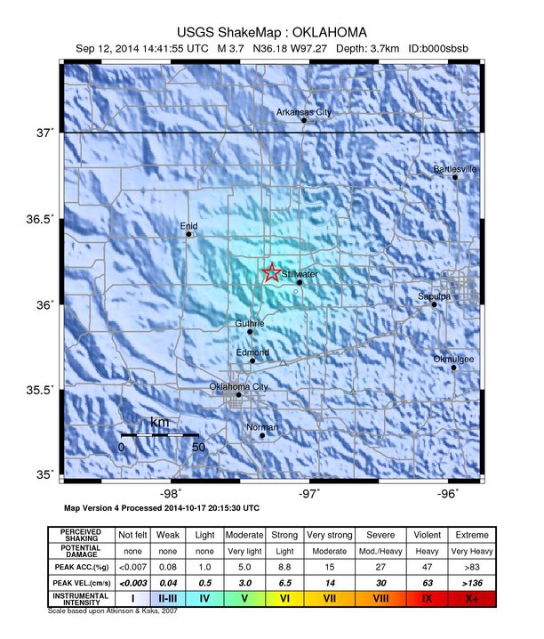 USGS ShakeMap: estimated shaking intensity around the epicenter