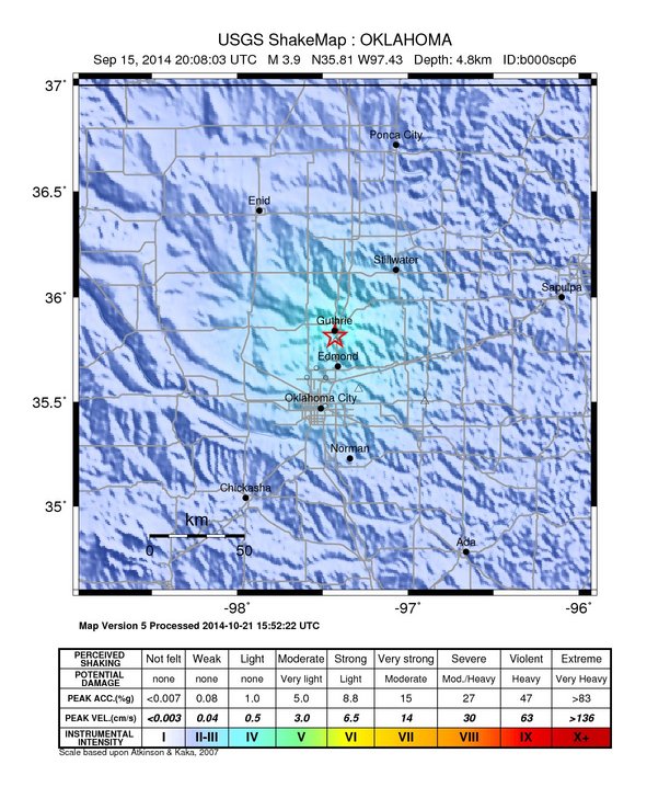USGS ShakeMap: estimated shaking intensity around the epicenter