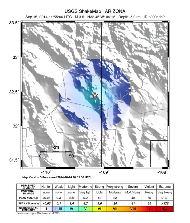 USGS ShakeMap: estimated shaking intensity around the epicenter