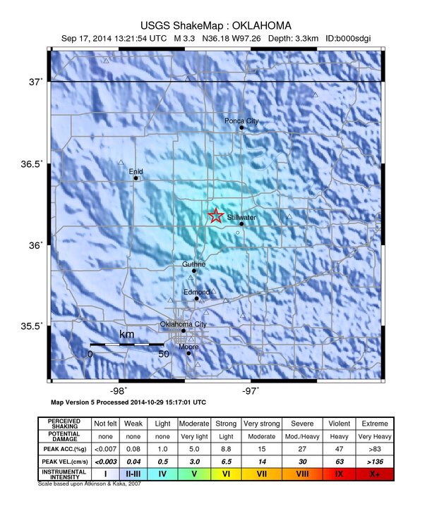 USGS ShakeMap: estimated shaking intensity around the epicenter