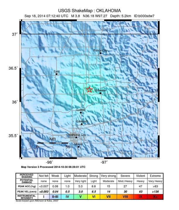 USGS ShakeMap: estimated shaking intensity around the epicenter