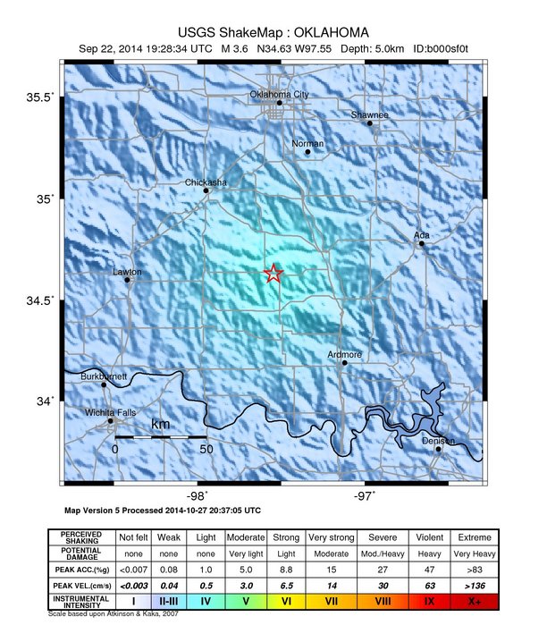 USGS ShakeMap: estimated shaking intensity around the epicenter
