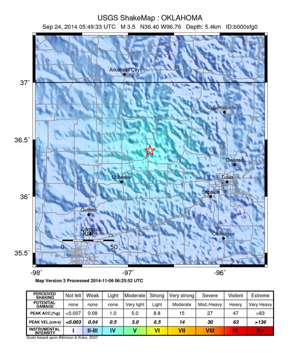 USGS ShakeMap: estimated shaking intensity around the epicenter