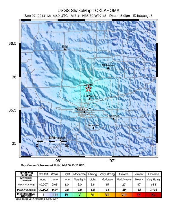 USGS ShakeMap: estimated shaking intensity around the epicenter