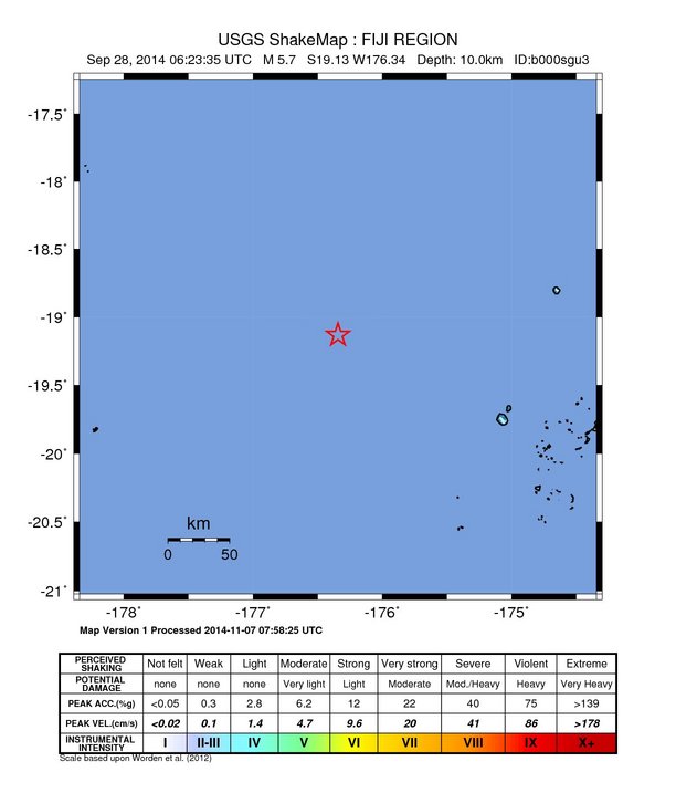 USGS ShakeMap: estimated shaking intensity around the epicenter