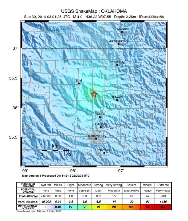 USGS ShakeMap: estimated shaking intensity around the epicenter
