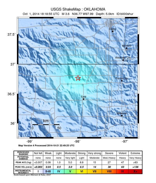 USGS ShakeMap: estimated shaking intensity around the epicenter