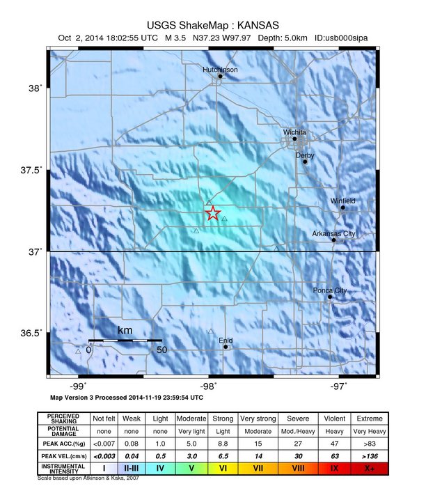 USGS ShakeMap: estimated shaking intensity around the epicenter