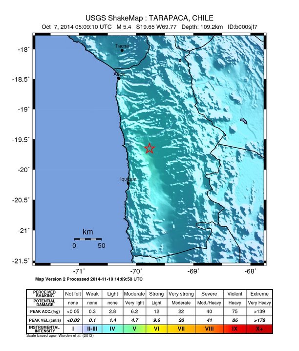 USGS ShakeMap: estimated shaking intensity around the epicenter