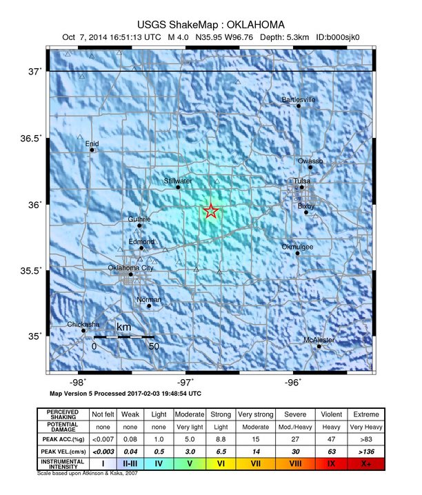 USGS ShakeMap: estimated shaking intensity around the epicenter