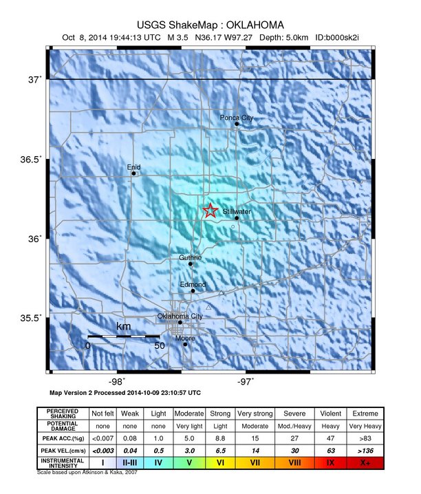 USGS ShakeMap: estimated shaking intensity around the epicenter