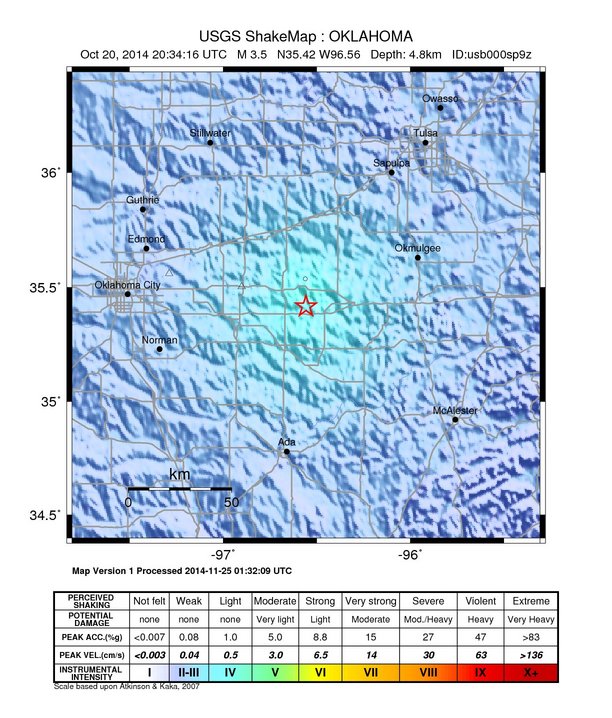 USGS ShakeMap: estimated shaking intensity around the epicenter