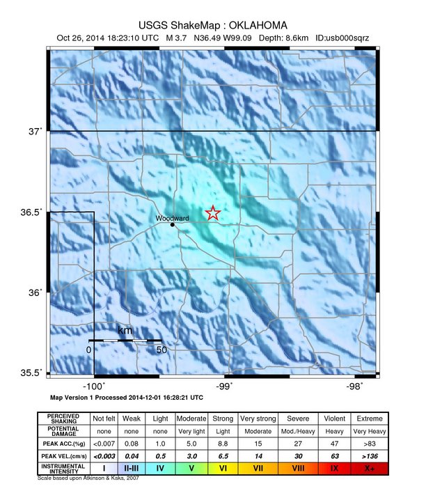 USGS ShakeMap: estimated shaking intensity around the epicenter