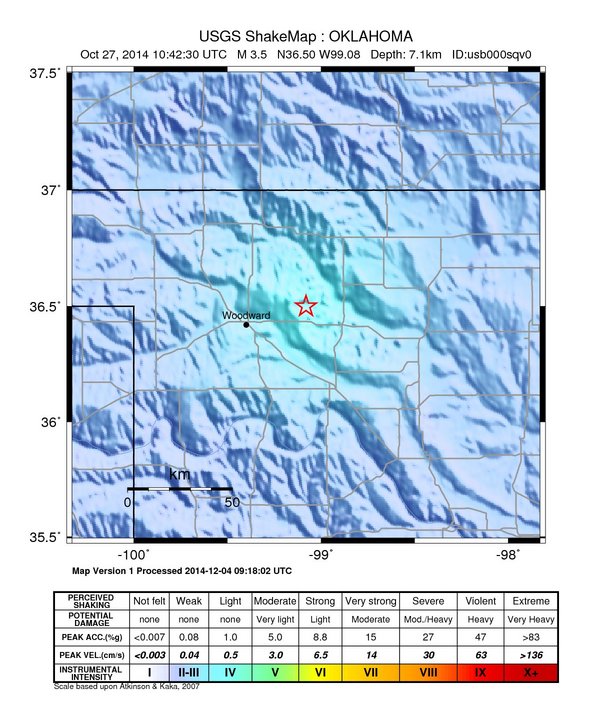 USGS ShakeMap: estimated shaking intensity around the epicenter